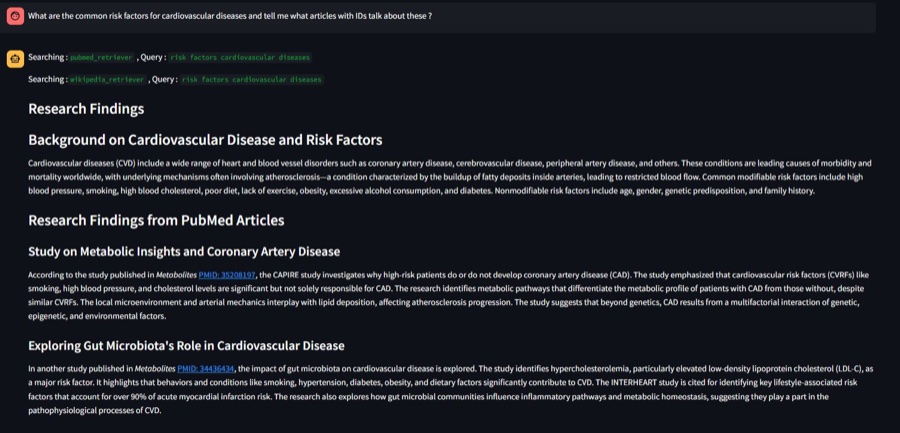 The app answering a cardiovascular-risk query with findings cited by PubMed ID